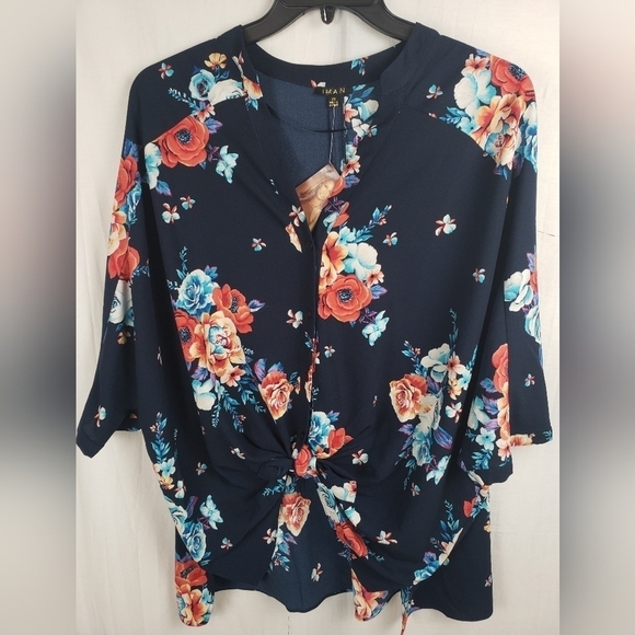 NWT Iman Navy Multicolor Floral VNeck 3/4 Sleeve Button Down Tie Up Shirt Sz 2X - Picture 3 of 11